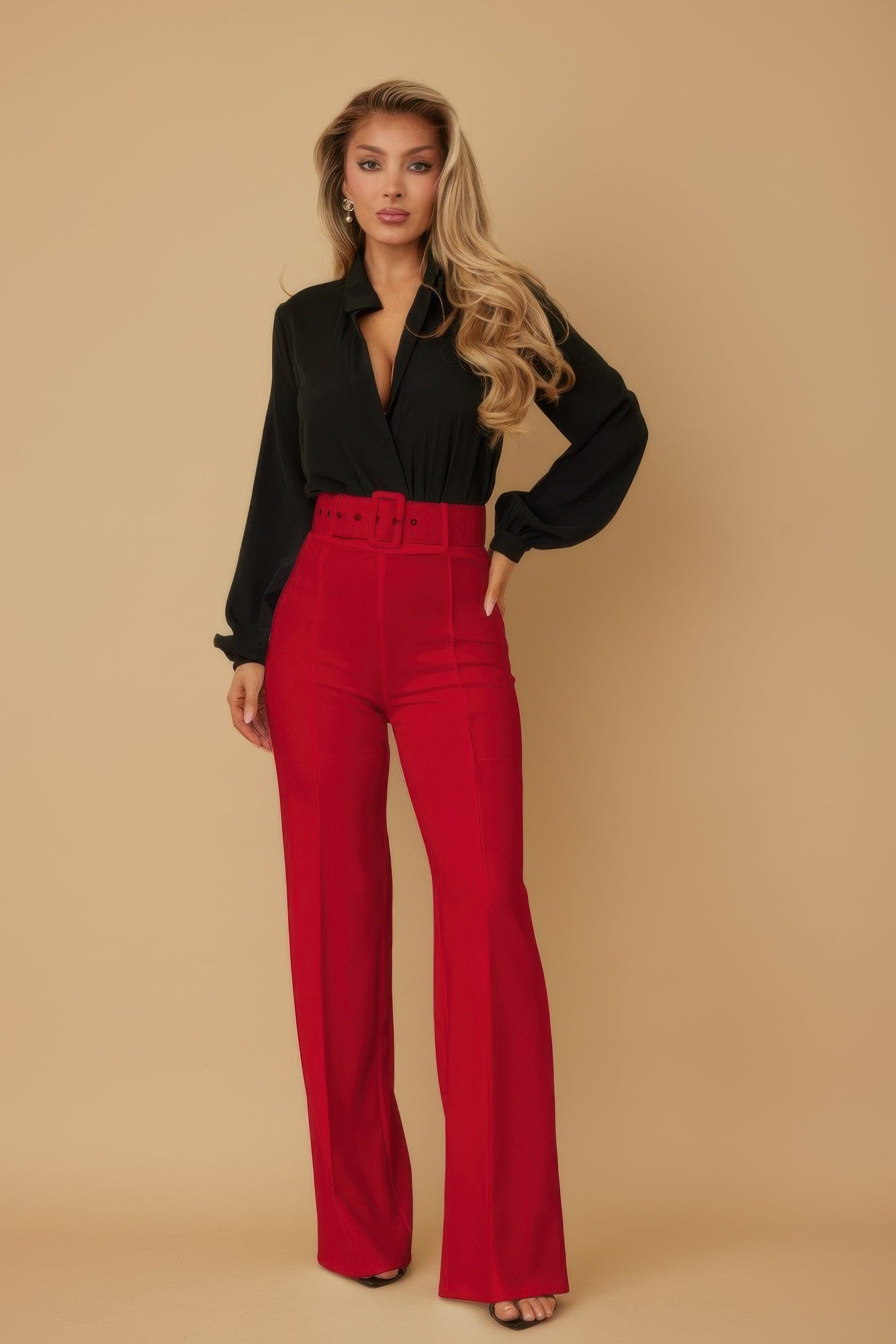 High Waist Pants With Buckle Belt - L -
