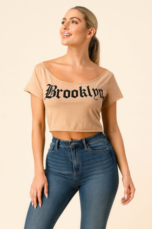 Brooklyn Graphic Off-shoulder Crop Top - Khaki -
