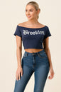 Brooklyn Graphic Off-shoulder Crop Top - Navy - Crop Tops