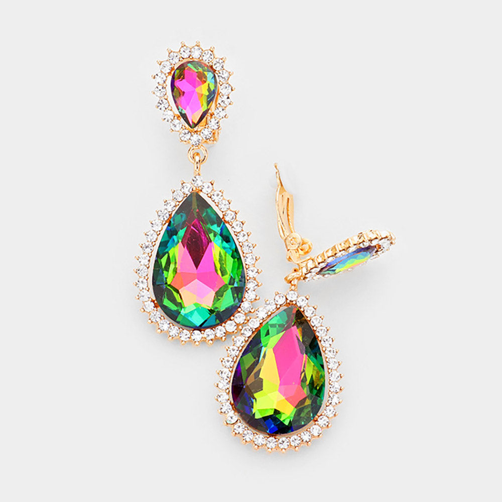 Crystal Pave Trim Teardrop clip on Earrings - Gold, Vitrail Medium - Earrings