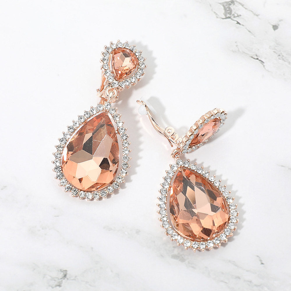 Crystal Pave Trim Teardrop clip on Earrings - Peach, Rose Gold - Earrings