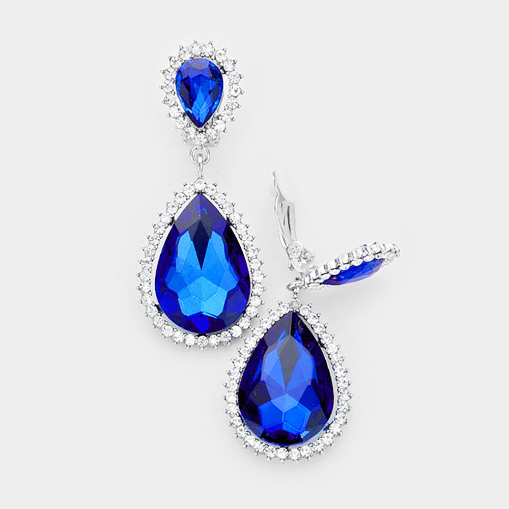 Crystal Pave Trim Teardrop clip on Earrings - Rhodium, Royal Blue - Earrings