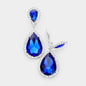 Crystal Pave Trim Teardrop clip on Earrings - Rhodium, Royal Blue - Earrings