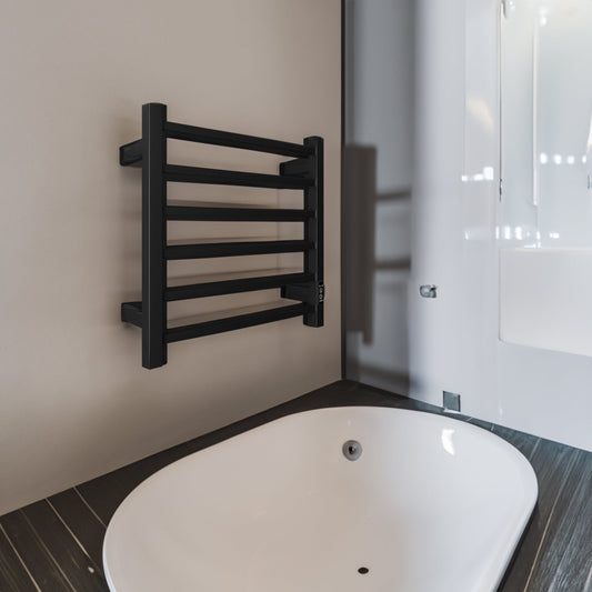 Towel Warmer 6 Bar Electric Heated Towel Rack Wall Mount Plug-in/Bath Towel Heater Matt-Black - Timer - -