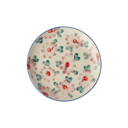 Ceramic Cake Plate with Hand Painted Pink Flowers - - Plate
