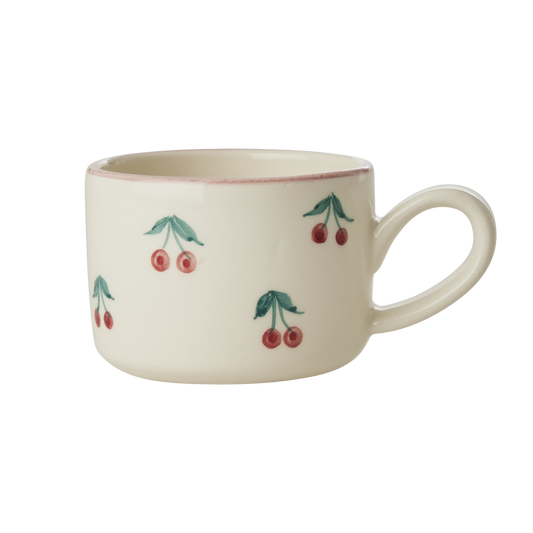 Ceramic Cappuccino Cup with Hand Painted Cherries - 6.7 oz - - mug
