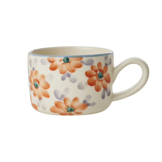 Ceramic Cappuccino Cup with Hand Painted Orange Flowers - 6.7 oz - - mugs