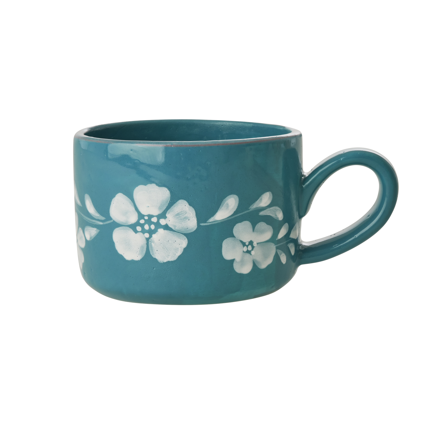 Ceramic Cappuccino Cup with Hand Painted White Flowers Vine - 6.7 oz - - Bowls