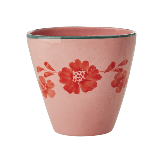 Ceramic Oval Cup with Hand Painted Orange Flower Vine - 10.1 oz - - Mug