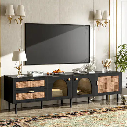 Rattan TV Stand With 3 Cabinets & 2 Drawers, Rattan-inspired Media Console Table For TVs Up To 80'', LED Light Entertainment Center, TV Cabinet For Living Room, Bedroom, Home Theatre - Kia Day Design