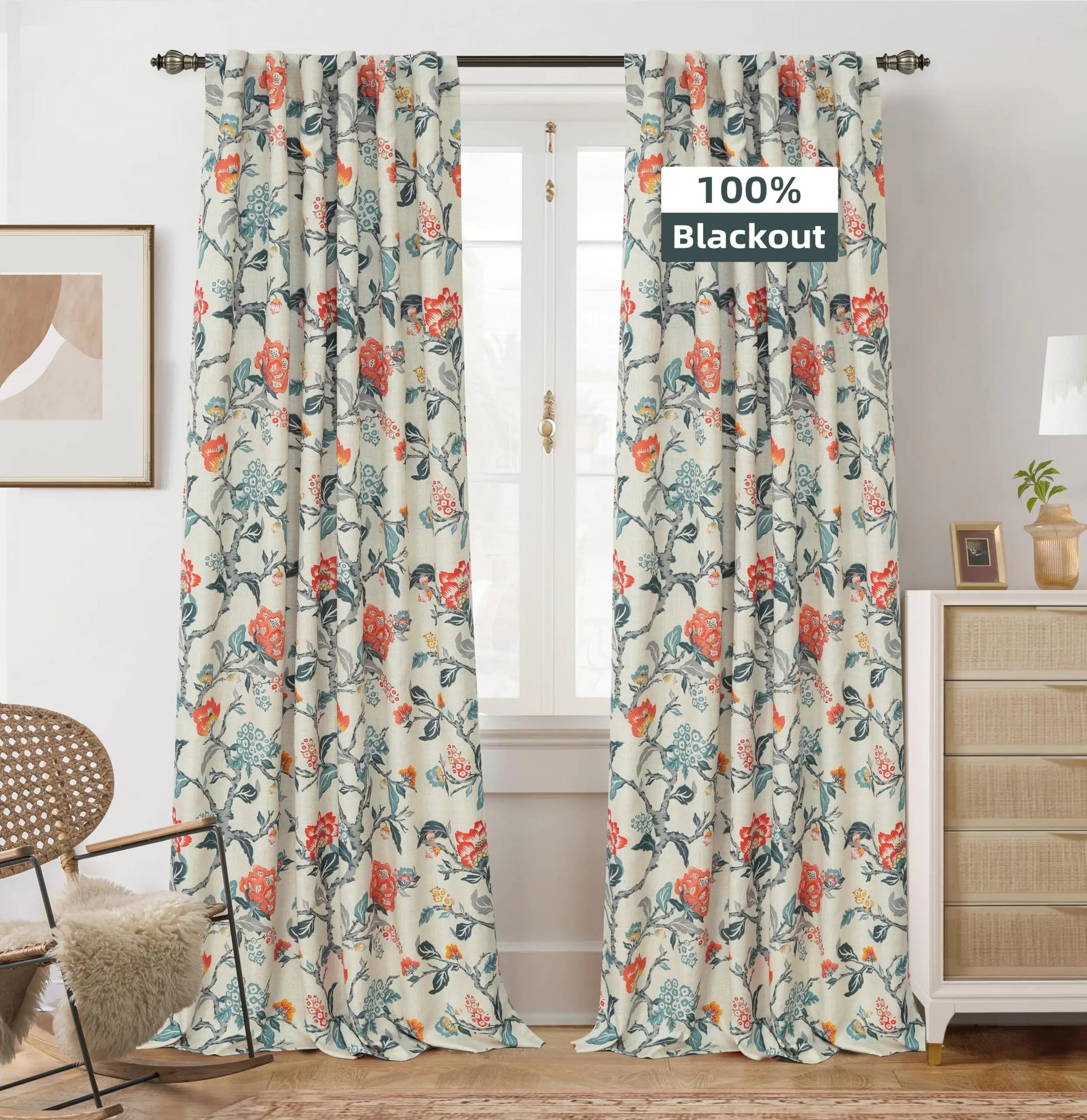 Floral Print Lined Thermal Insulated Room Darkening Blackout Window Curtain Set 2 Layers - Kia Day Design