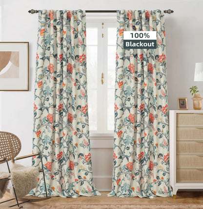 Floral Print Lined Thermal Insulated Room Darkening Blackout Window Curtain Set 2 Layers - Kia Day Design