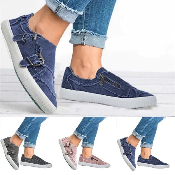 Metal Buckle Canvas Sneakers with Zipper - Kia Day Design