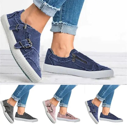 Metal Buckle Canvas Sneakers with Zipper - Kia Day Design