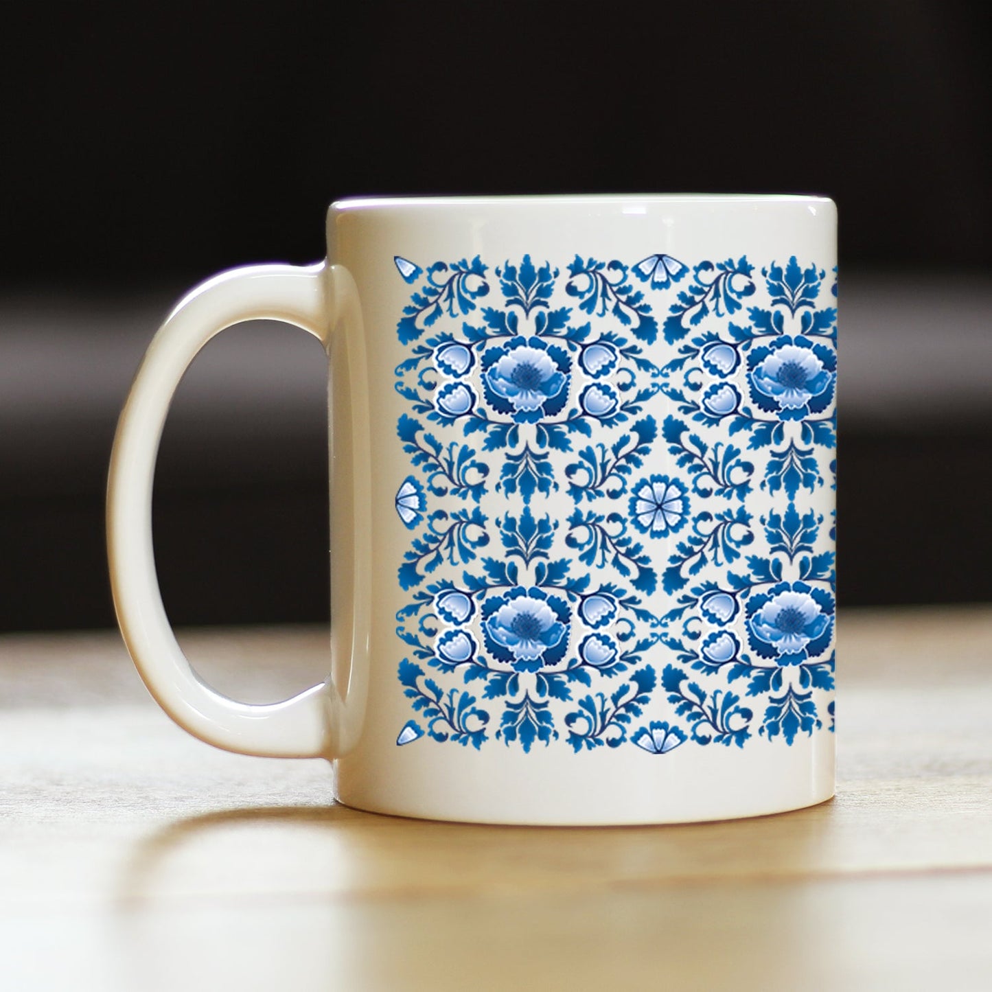 Delft Blue and White Coffee Mug Floral Dutch Pattern Gifts White Ceramic Coffee Cup - 11oz - Coffee Mugs