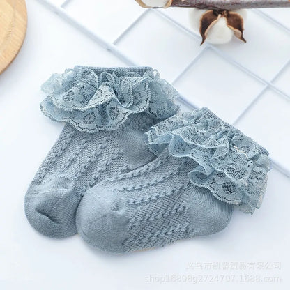 Girls Breathable Ruffled Lace Socks Blue 6-12M