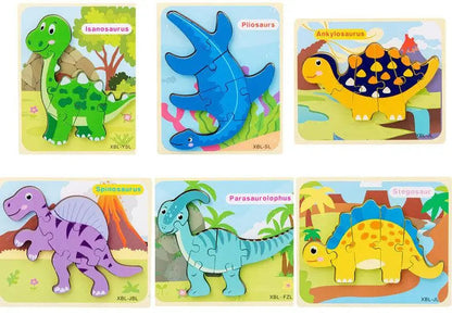 Wooden 3D Montessori Dinosaur Jigsaw Puzzles 6 Color Set