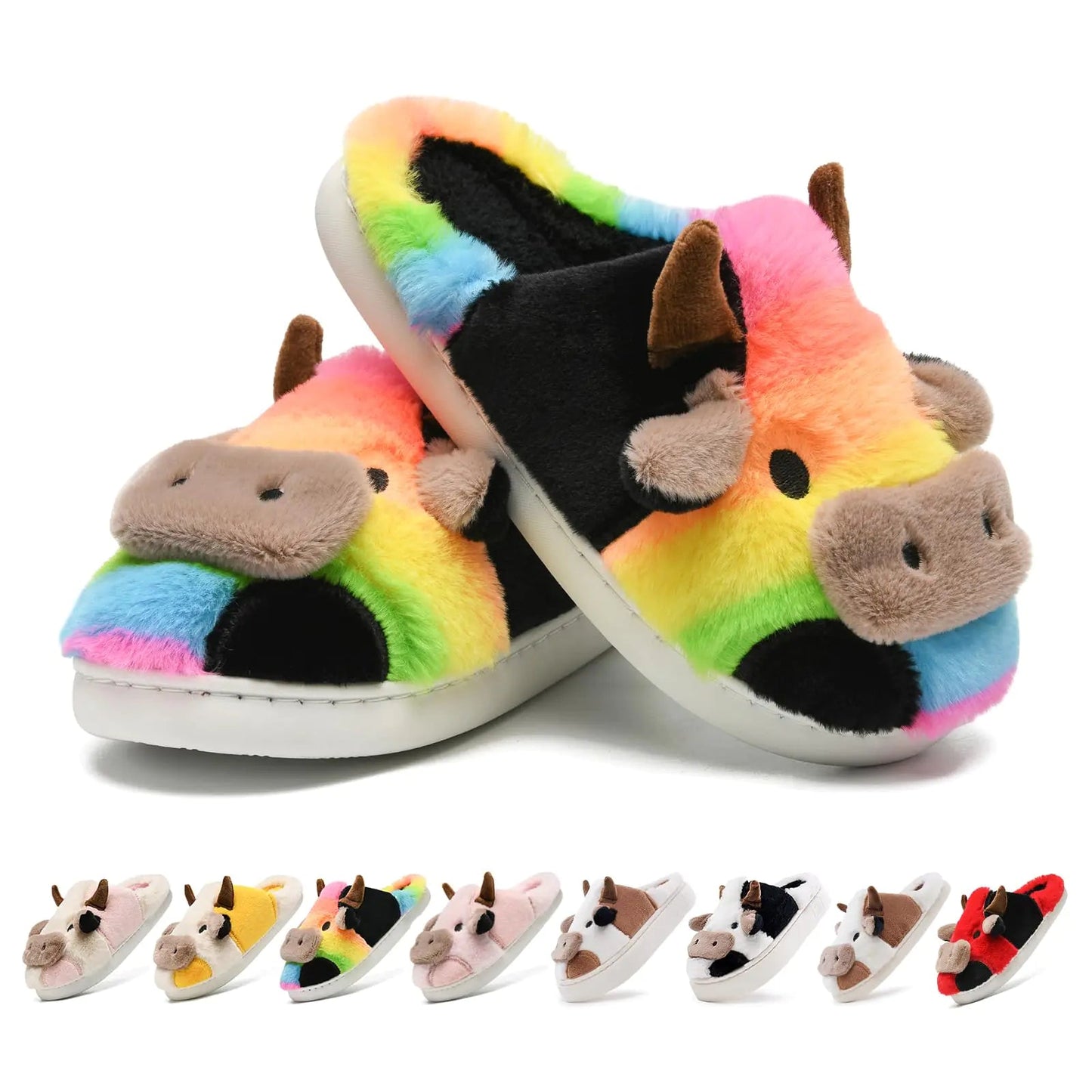 Cow Slippers for WomenCartoon Animal Fuzzy SlippersWinter Warm Womens House SlippersAnti-Slip Indoor Outdoor for Man Rainbow 42/43 Kia Day Design