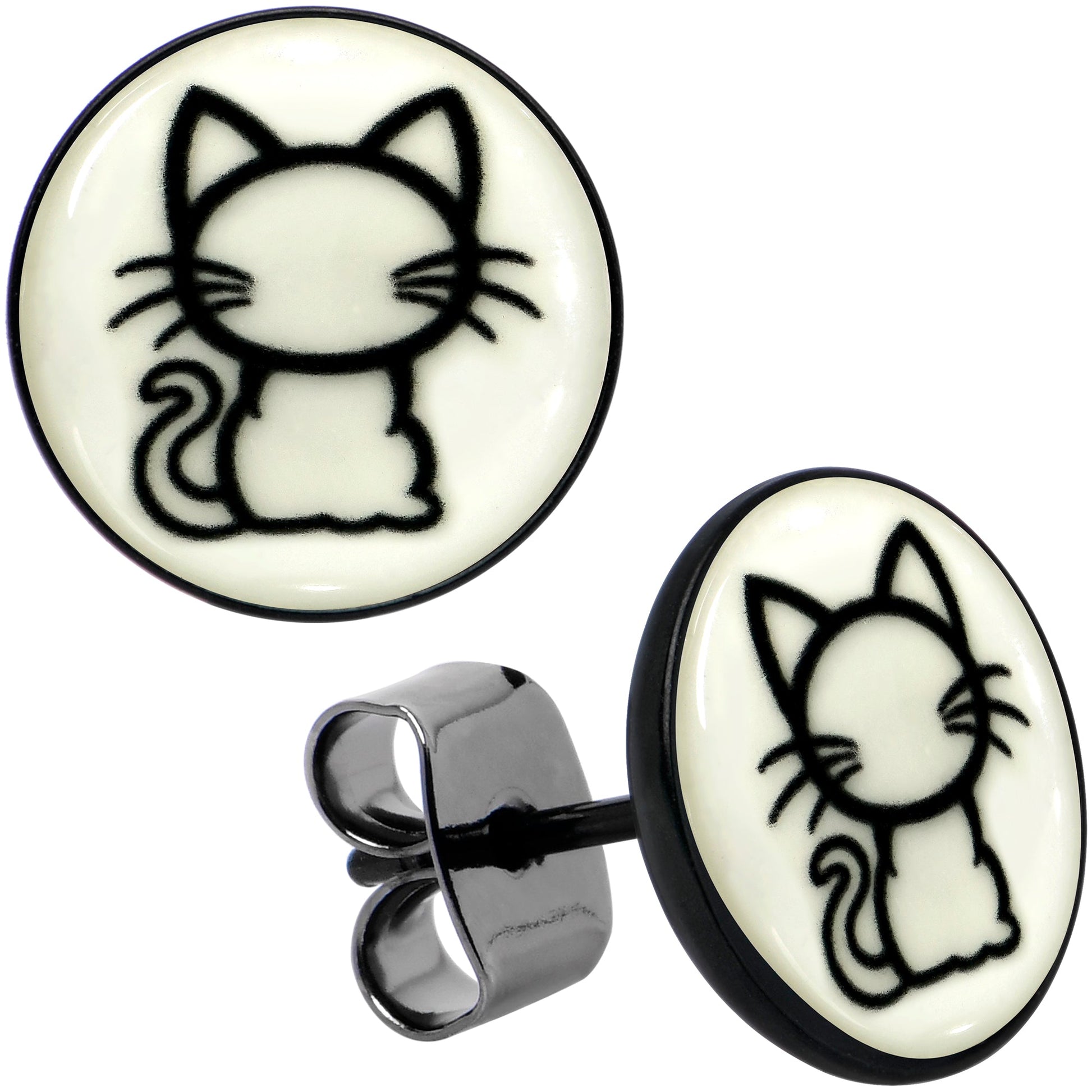 Black Anodized Kitty Cat Glow in the Dark Stud Earrings by Onyx O - - EARRINGS Stud