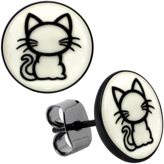 Black Anodized Kitty Cat Glow in the Dark Stud Earrings by Onyx O - - EARRINGS Stud
