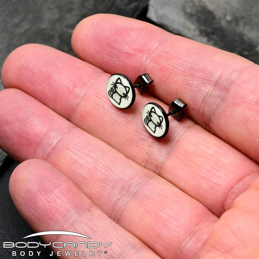 Black Anodized Kitty Cat Glow in the Dark Stud Earrings by Onyx O - - EARRINGS Stud