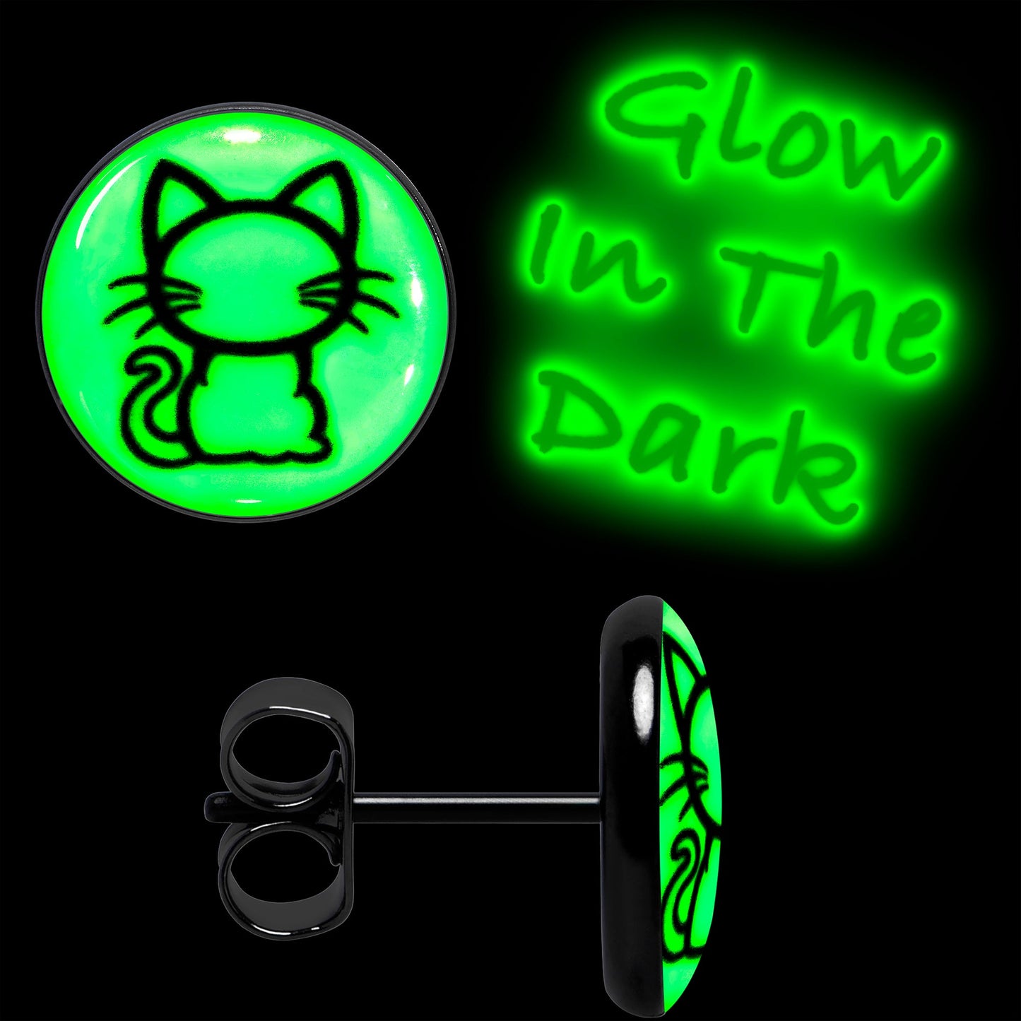 Black Anodized Kitty Cat Glow in the Dark Stud Earrings by Onyx O - - EARRINGS Stud