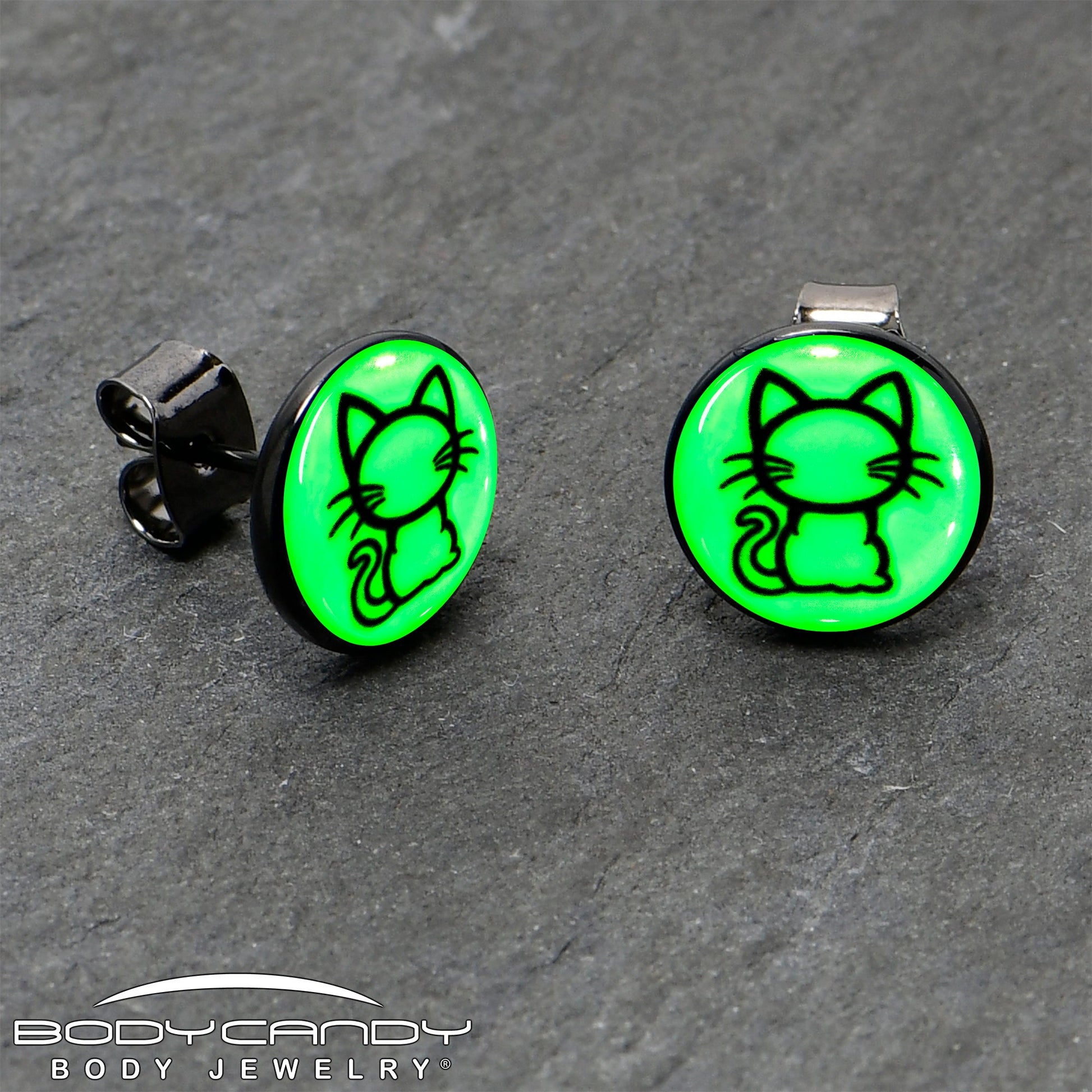 Black Anodized Kitty Cat Glow in the Dark Stud Earrings by Onyx O - - EARRINGS Stud