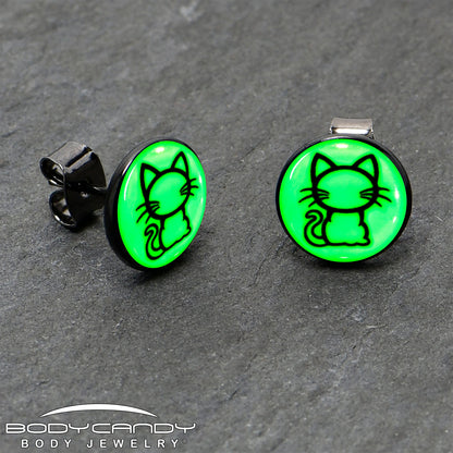 Black Anodized Kitty Cat Glow in the Dark Stud Earrings by Onyx O - - EARRINGS Stud