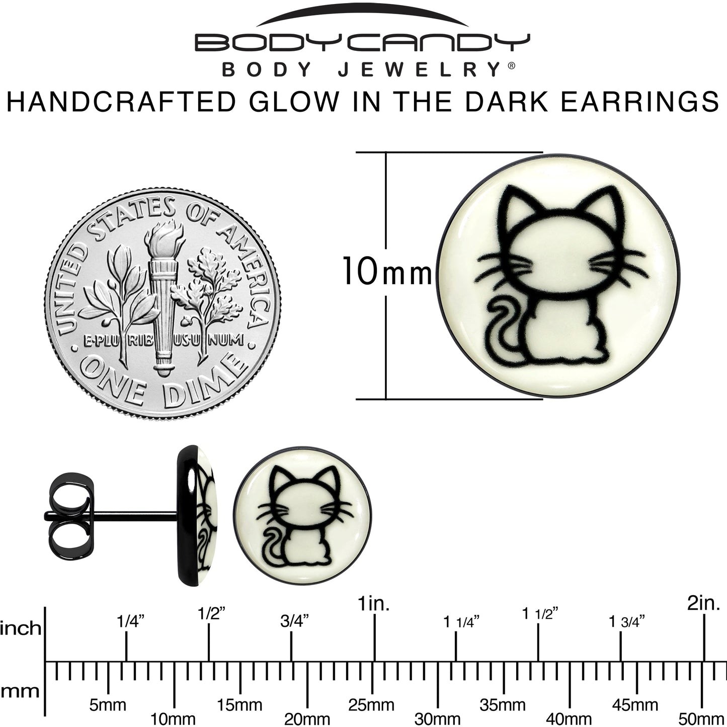 Black Anodized Kitty Cat Glow in the Dark Stud Earrings by Onyx O - - EARRINGS Stud