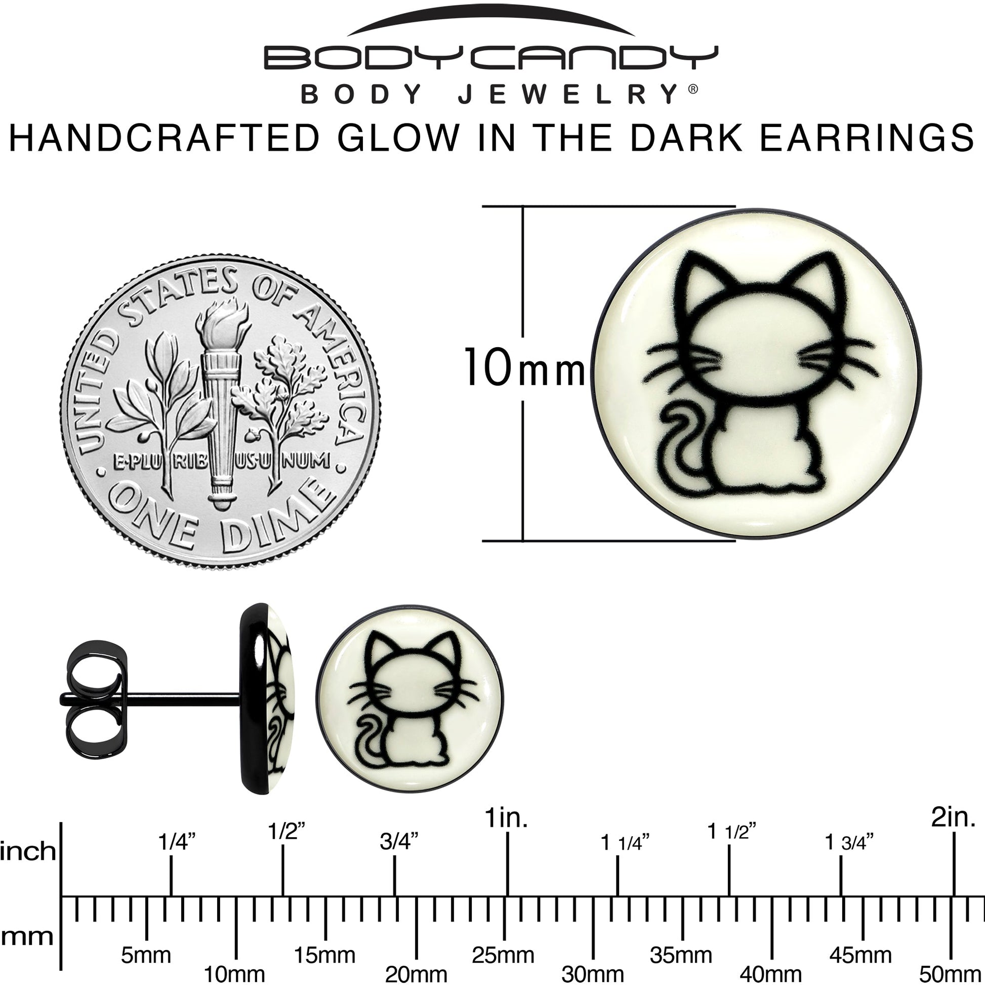 Black Anodized Kitty Cat Glow in the Dark Stud Earrings by Onyx O - - EARRINGS Stud