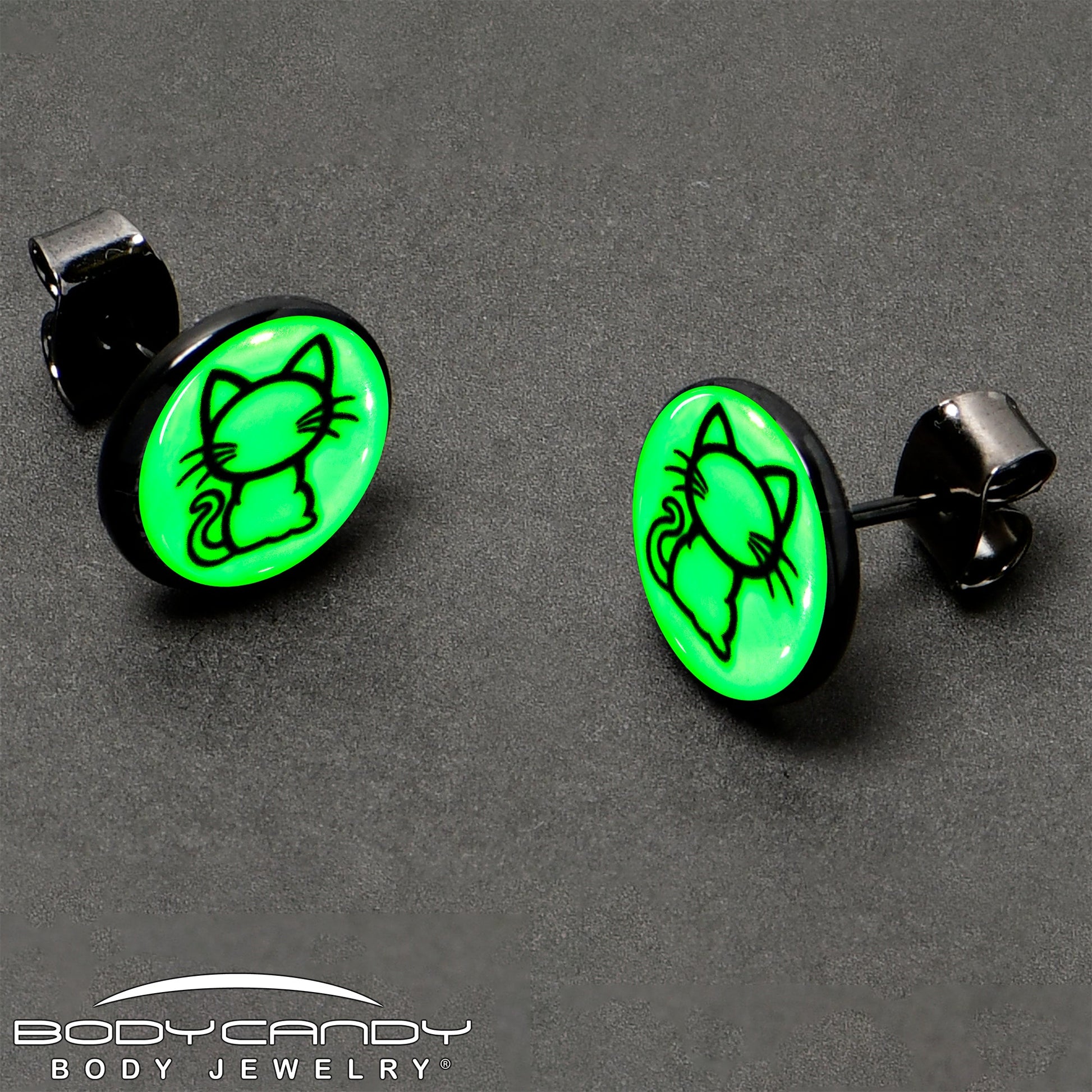 Black Anodized Kitty Cat Glow in the Dark Stud Earrings by Onyx O - - EARRINGS Stud