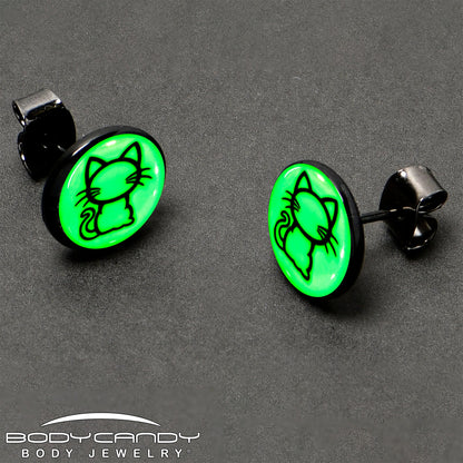 Black Anodized Kitty Cat Glow in the Dark Stud Earrings by Onyx O - - EARRINGS Stud