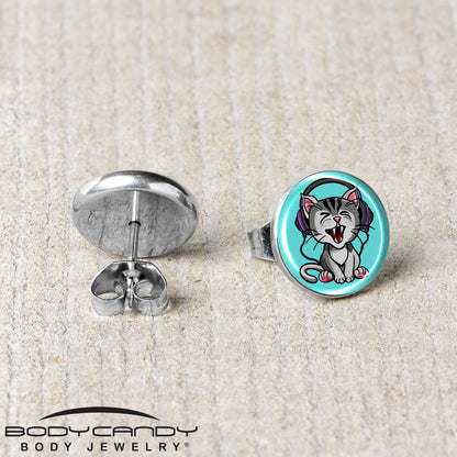 Heavy Metal Kitty Cat Stud Earrings by Onyx O - - EARRINGS Stud