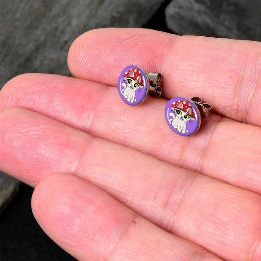 Polka Dot Mushroom Hat Cat Stud Earrings by Onyx O - - EARRINGS Stud