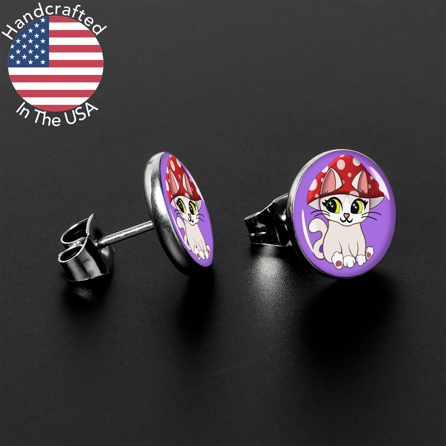 Polka Dot Mushroom Hat Cat Stud Earrings by Onyx O - - EARRINGS Stud