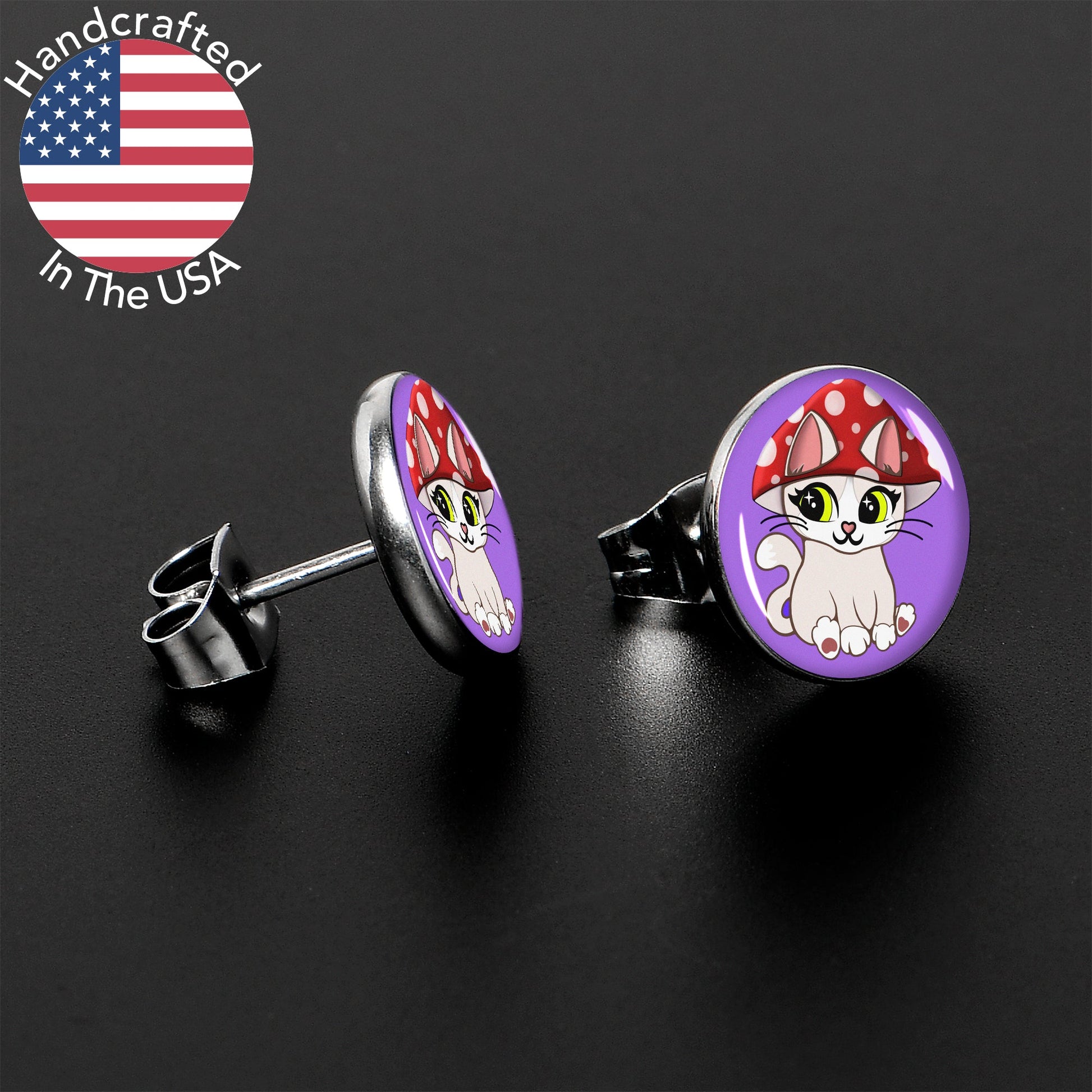 Polka Dot Mushroom Hat Cat Stud Earrings by Onyx O - - EARRINGS Stud