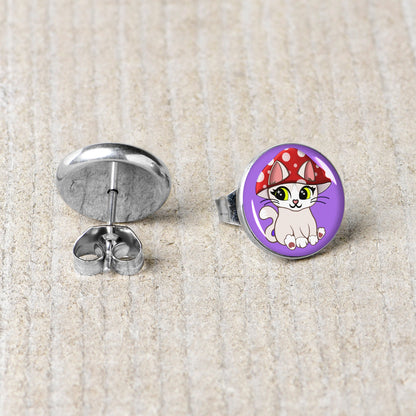 Polka Dot Mushroom Hat Cat Stud Earrings by Onyx O - - EARRINGS Stud