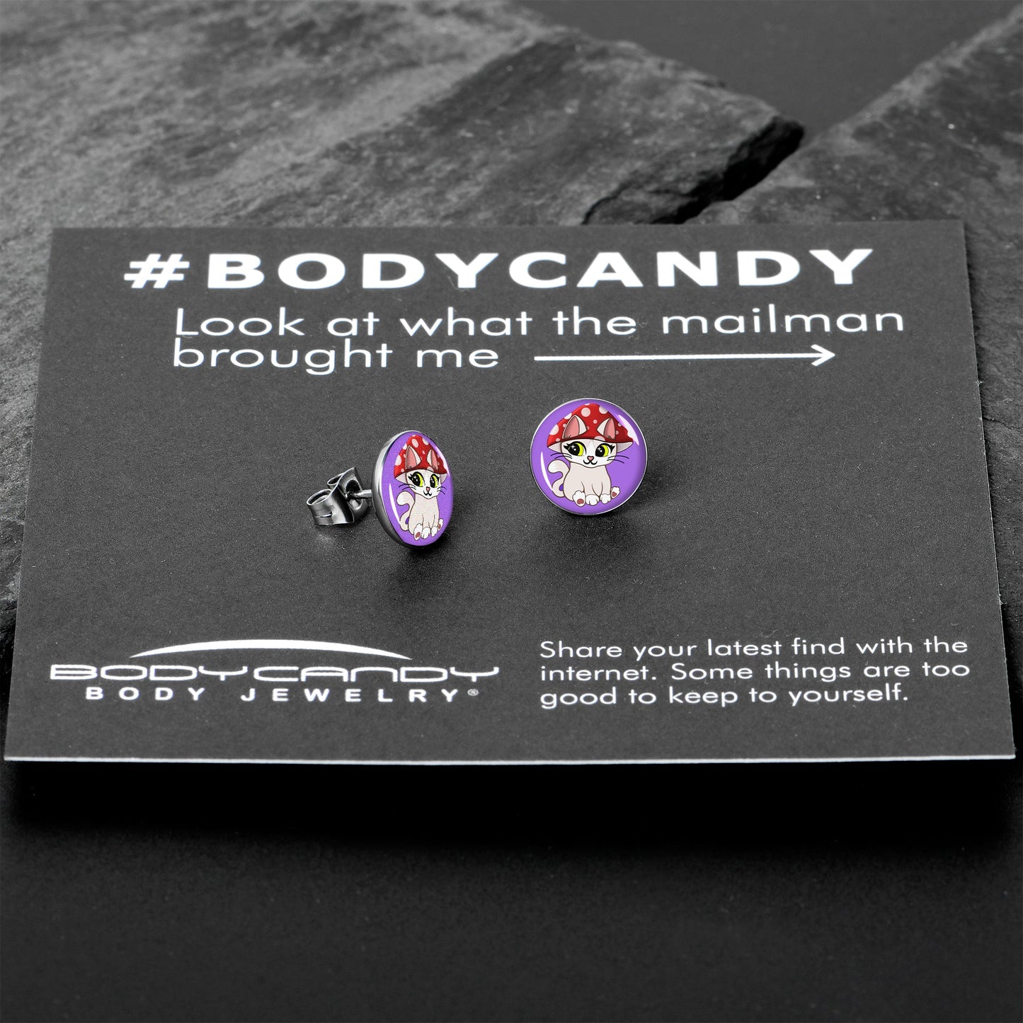 Polka Dot Mushroom Hat Cat Stud Earrings by Onyx O - - EARRINGS Stud