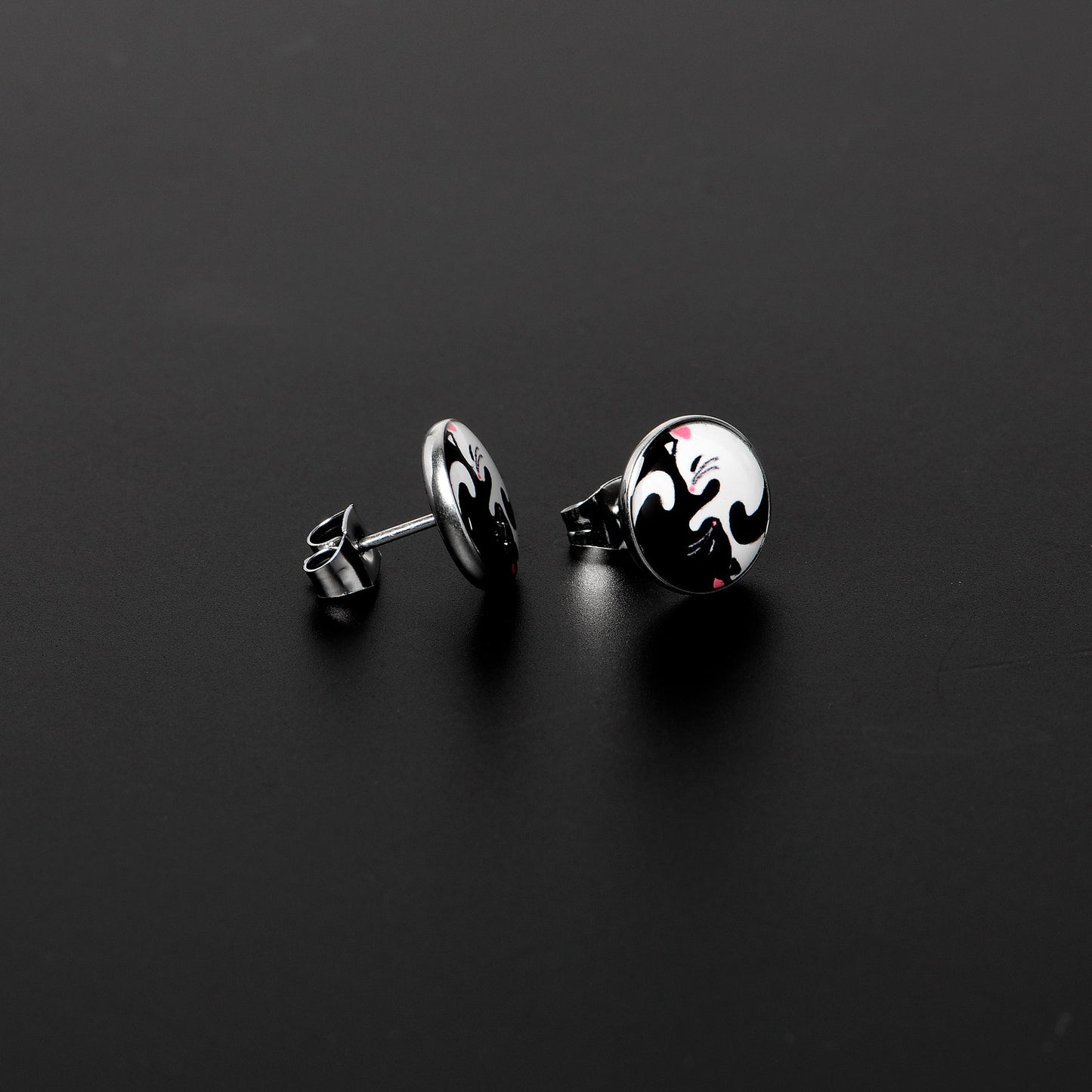 Cute Kitty Cat Yin Yang Stud Earrings by Onyx O - - Body Candy