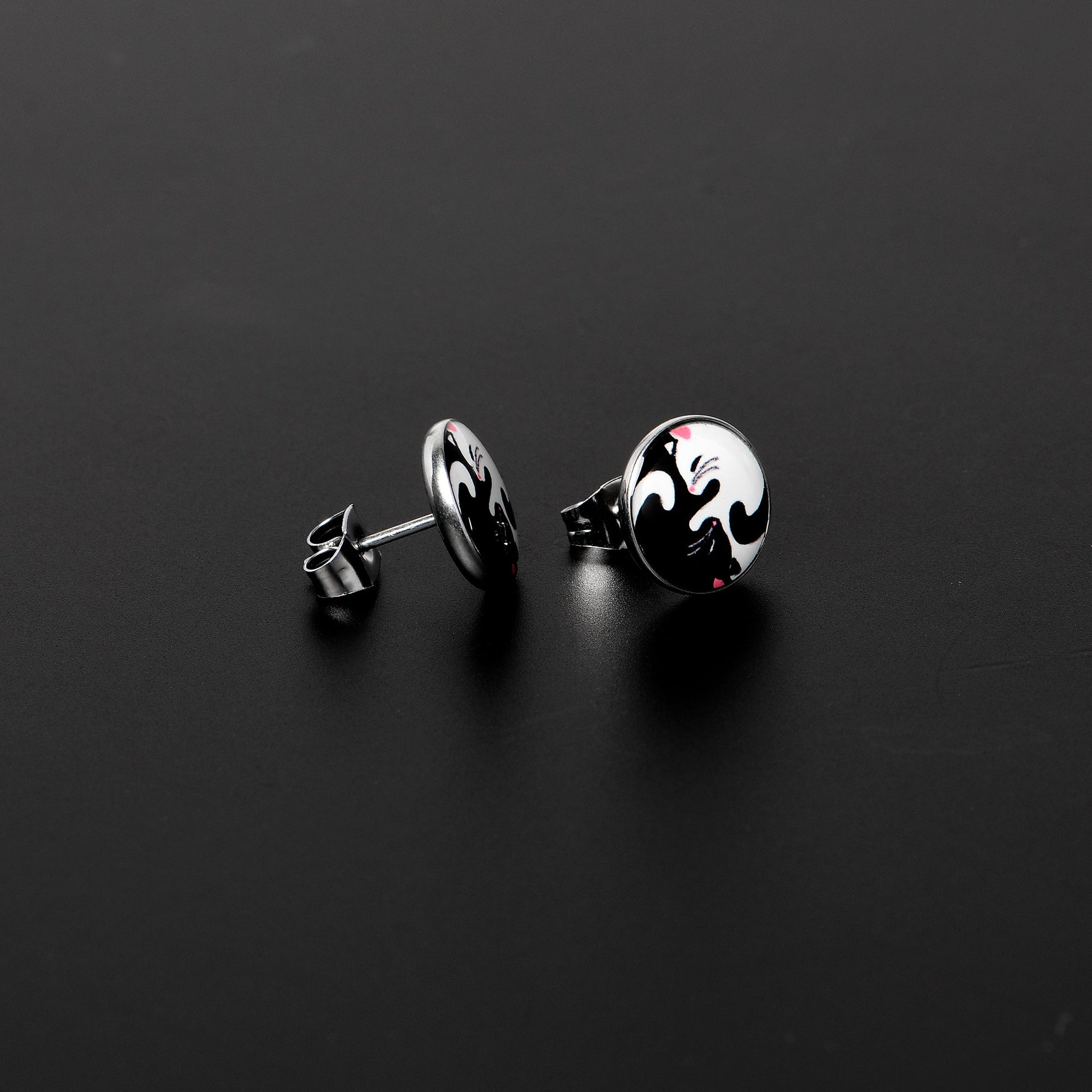 Cute Kitty Cat Yin Yang Stud Earrings by Onyx O - - Body Candy