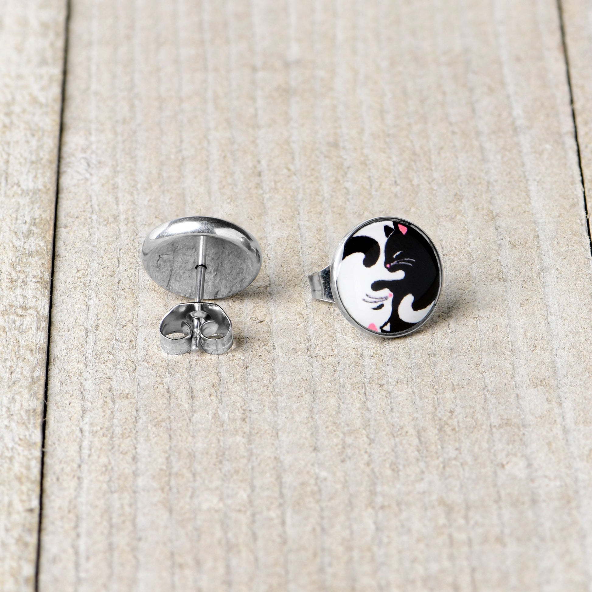 Cute Kitty Cat Yin Yang Stud Earrings by Onyx O - - Body Candy