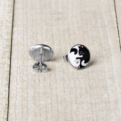 Cute Kitty Cat Yin Yang Stud Earrings by Onyx O - - Body Candy