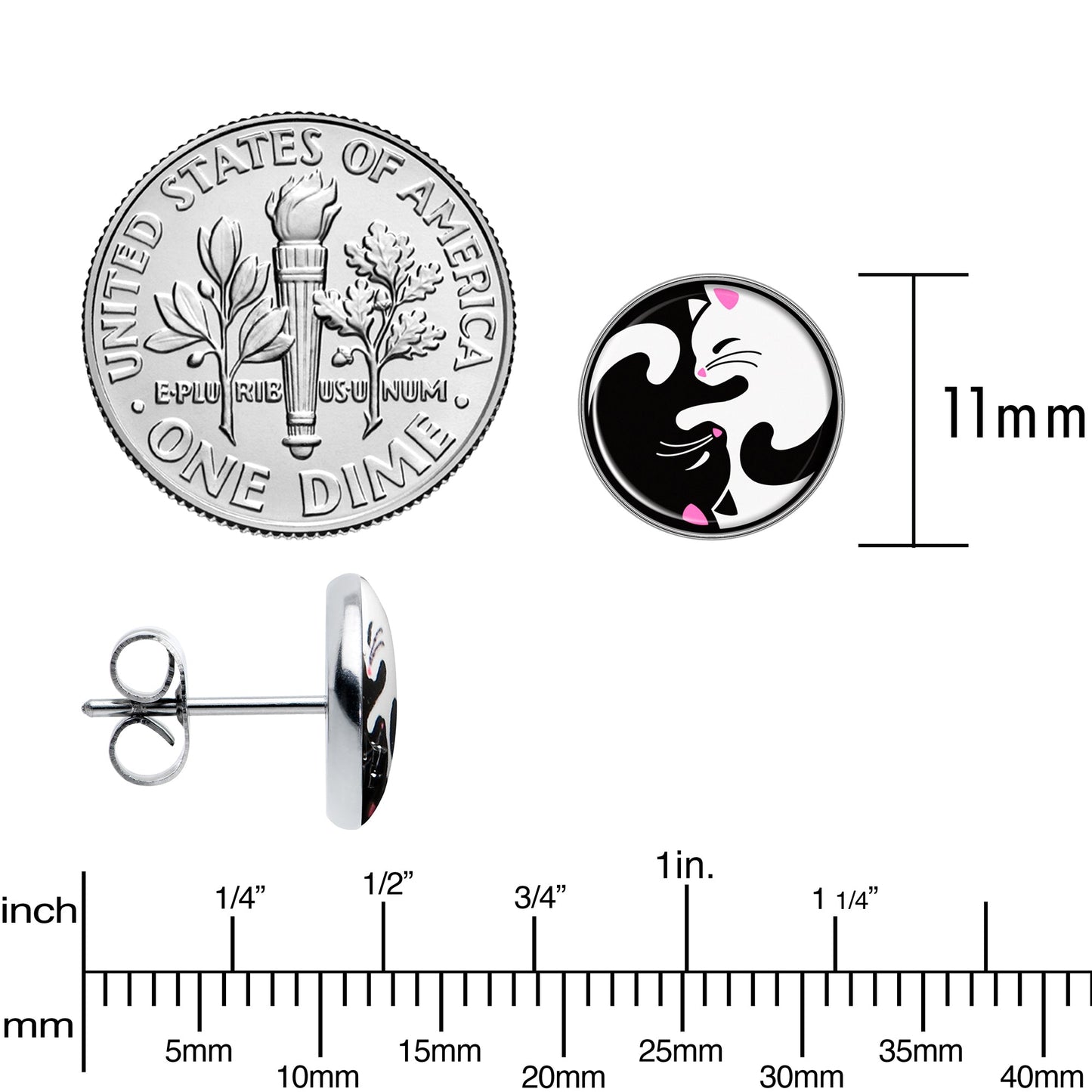 Cute Kitty Cat Yin Yang Stud Earrings by Onyx O - - Body Candy