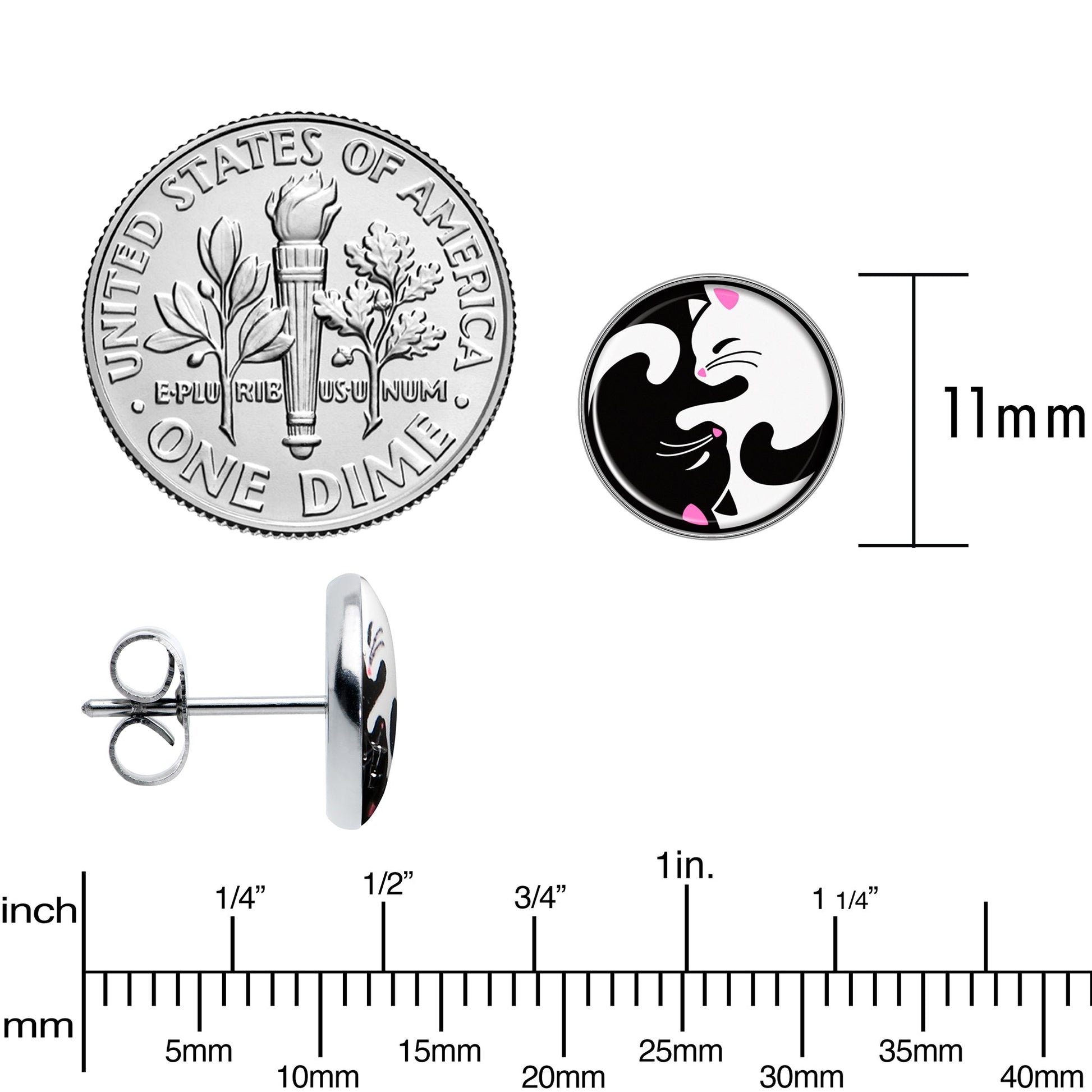Cute Kitty Cat Yin Yang Stud Earrings by Onyx O - - Body Candy