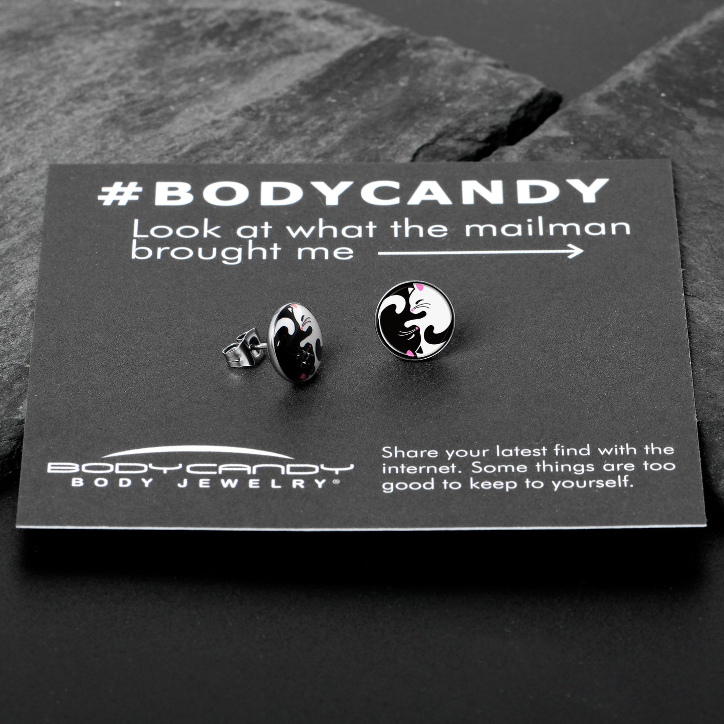 Cute Kitty Cat Yin Yang Stud Earrings by Onyx O - - Body Candy