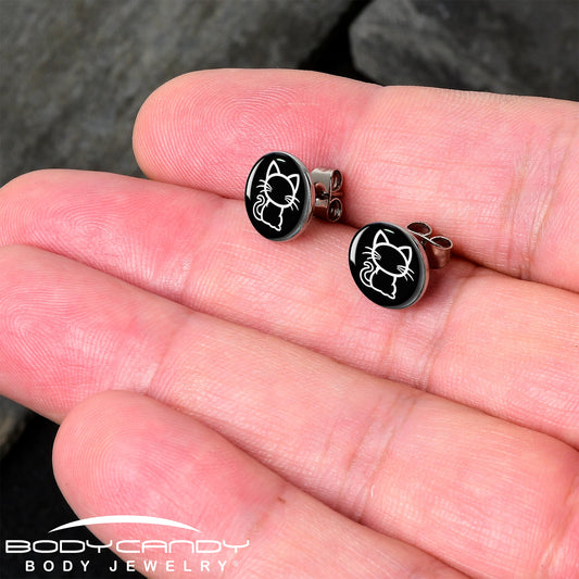 Black and White Kitty Cat Stud Earrings by Onyx O - - EARRINGS Stud