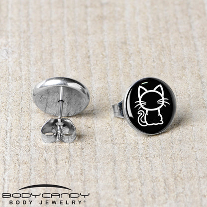 Black and White Kitty Cat Stud Earrings by Onyx O - - EARRINGS Stud