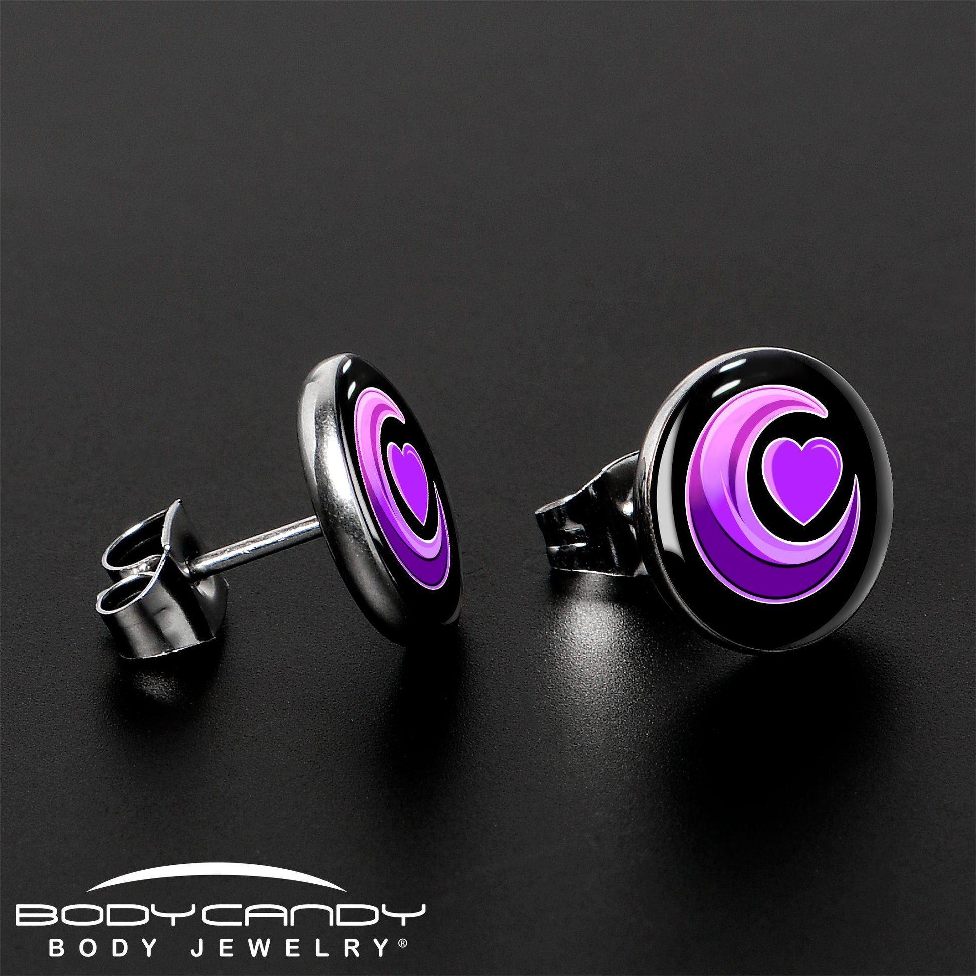 Crescent Moon Heart Stud Earrings by Onyx O - - EARRINGS Stud