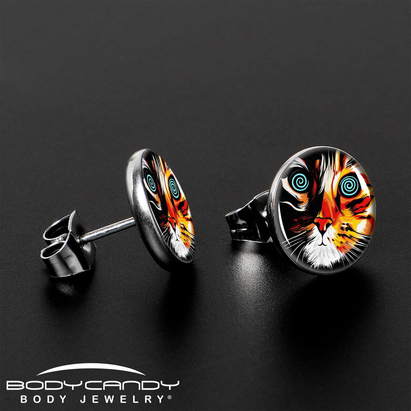 Colorful Trippy Cat Stud Earrings by Onyx O - - EARRINGS Stud