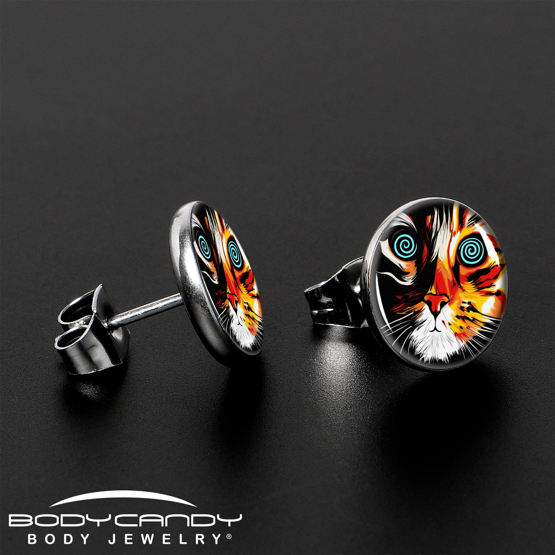 Colorful Trippy Cat Stud Earrings by Onyx O - - EARRINGS Stud